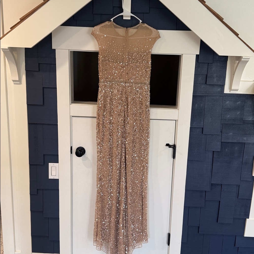 MAC DUGGAL Beige Embellished Illusion High Neck Cap Sleeve Gown - Picture 7 of 7